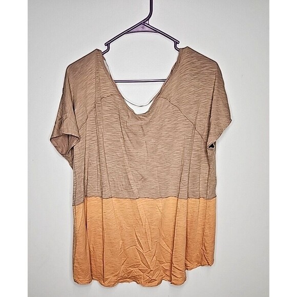 FREE PEOPLE Sz XS WE THE FREE MIDNIGHT COLORBLOCK SHORT SLEEVE TEE PEACH COMB - Picture 8 of 14